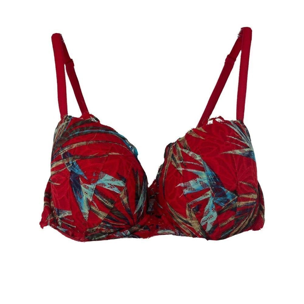 Victorias Secret PINK Date Push Up Bra Size 36D Red Floral Lace Underwired Boost